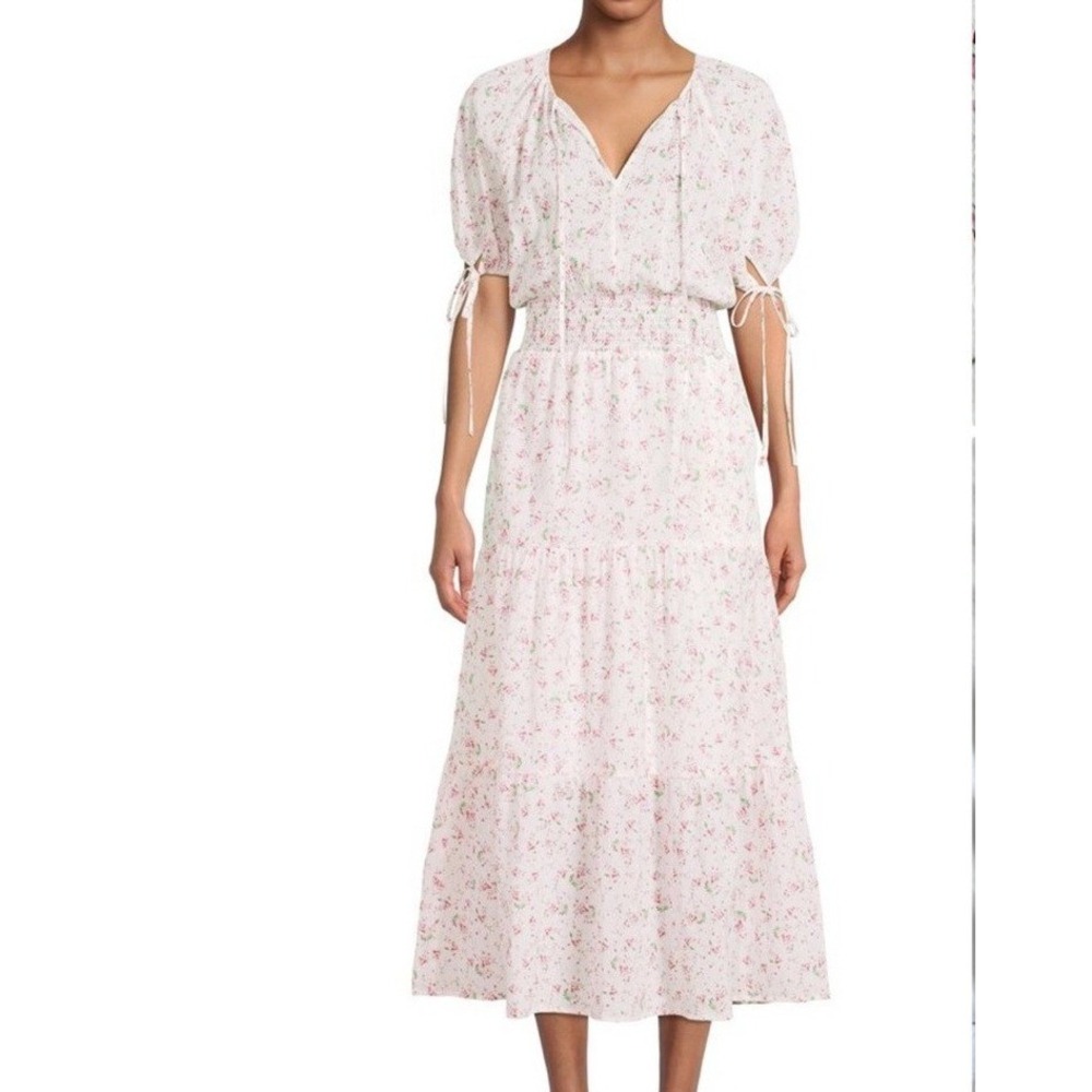 The GET Peasant Maxi Dress Women Small White Pink Floral Smocked Cottagecore